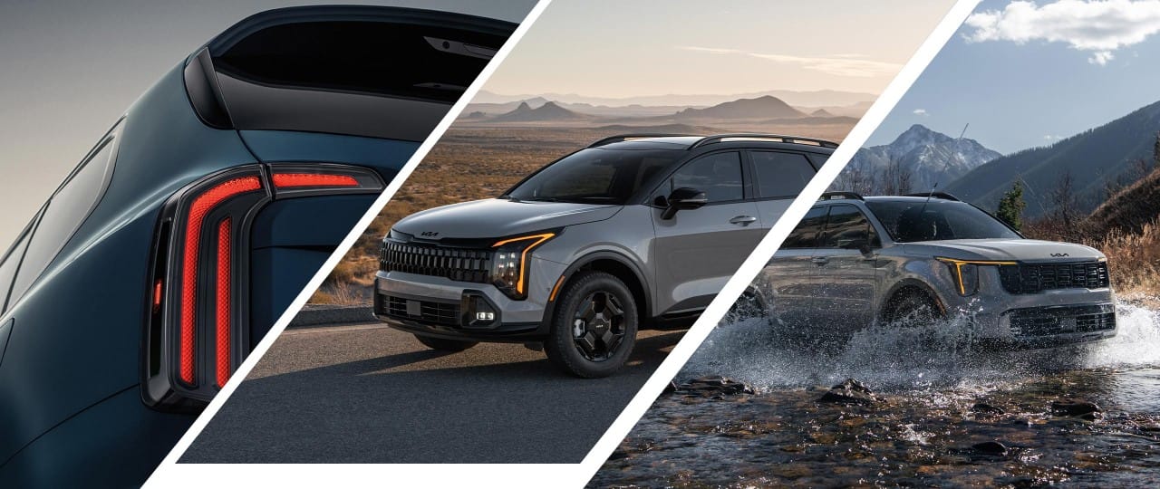 Primer plano de las luces traseras led del Kia Telluride 2023 junto a un Kia Sportage 2023 circulando por una autopista y un Kia Sorento 2025 atravesando un pantano