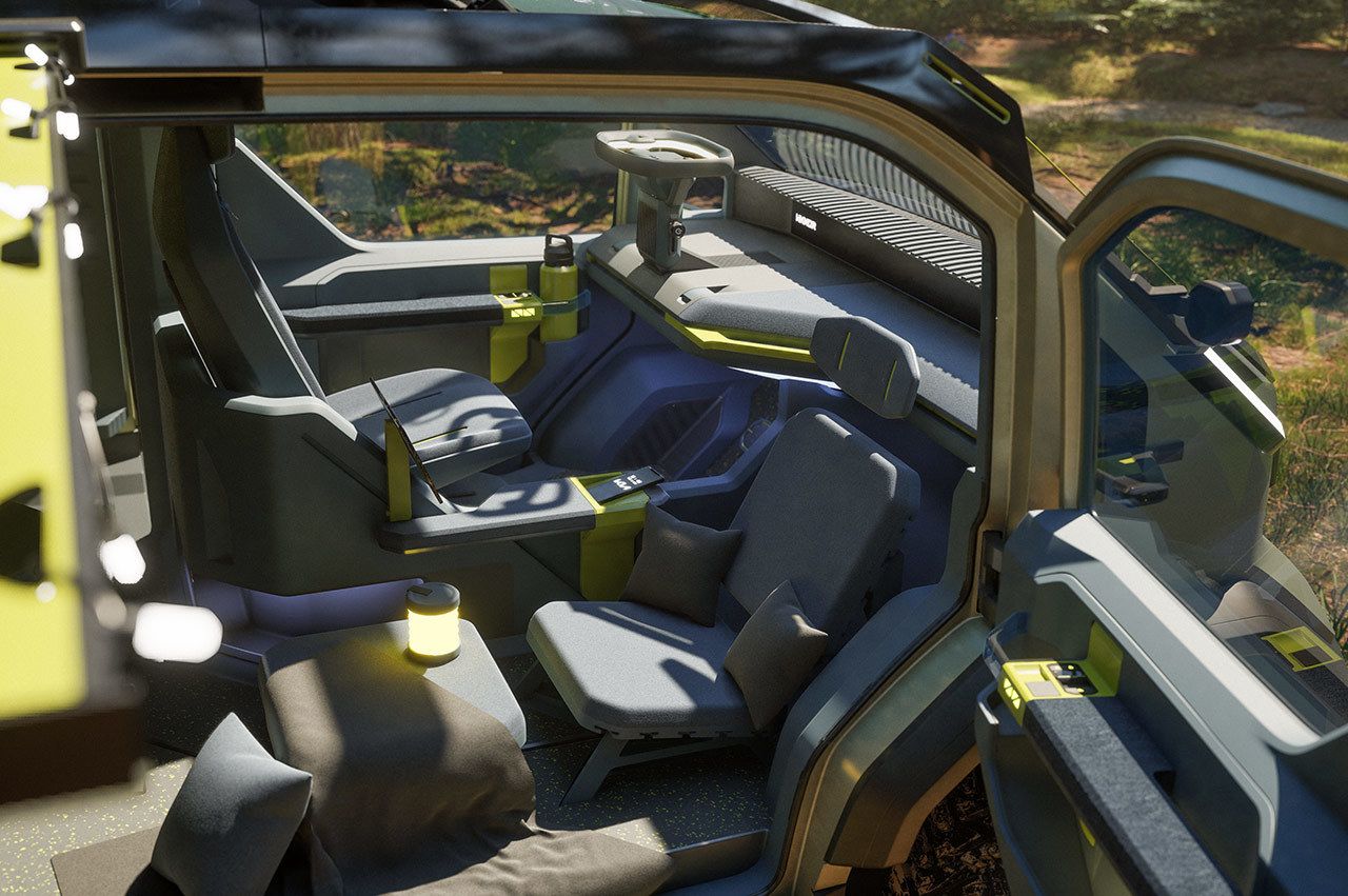 Kia "WKNDR" concept EV van, destacando los asientos interiores flexibles para un máximo confort, vista lateral